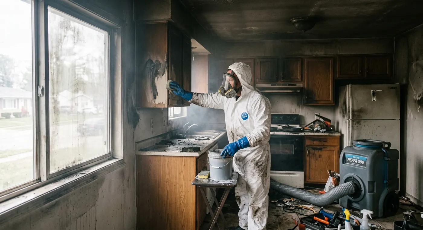 Restoration technician in a respirator cleaning soot from kitchen walls after a house fire