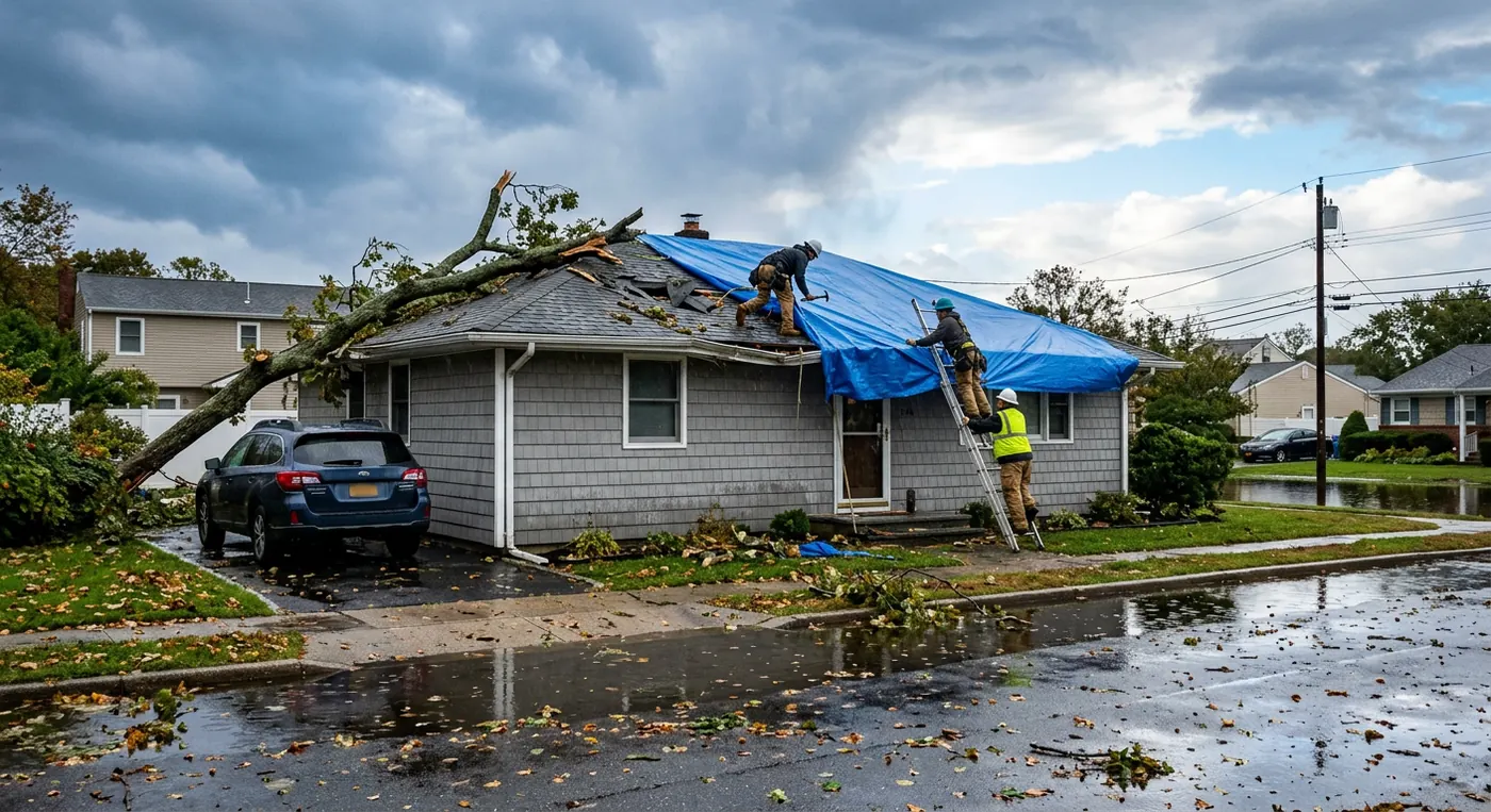 Workers securing a blue emergency tarp on a Long Island home roof damaged by a fallen tree limb after a storm