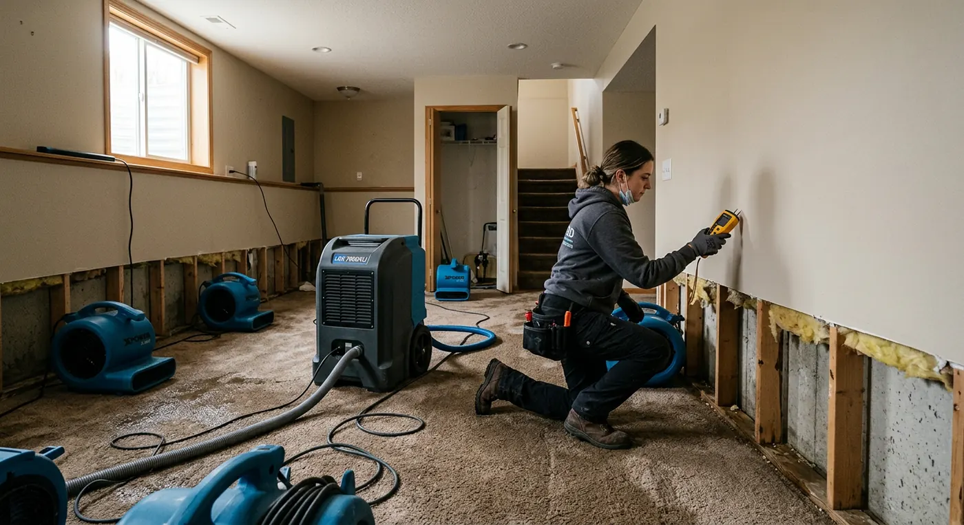 Commercial air movers and a dehumidifier drying a flooded basement while a technician takes moisture readings